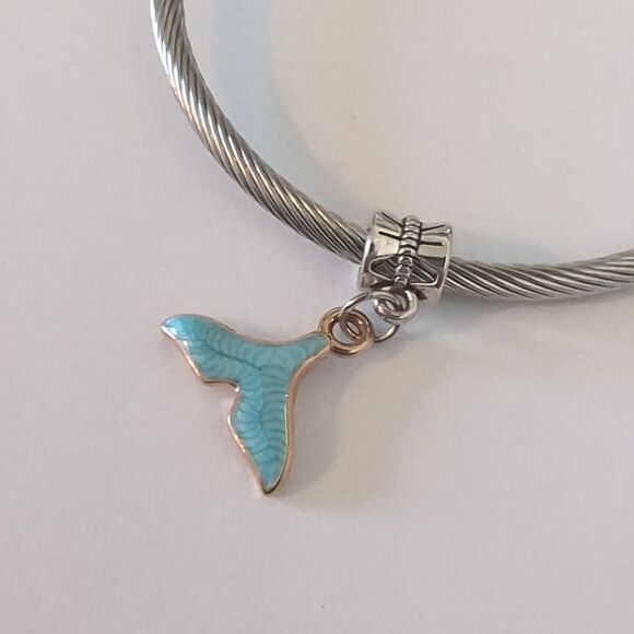 Gold with Blue Enamel Mermaid Tail Dangle Charm for Pandora Style Bracelet - Picture 2 of 4